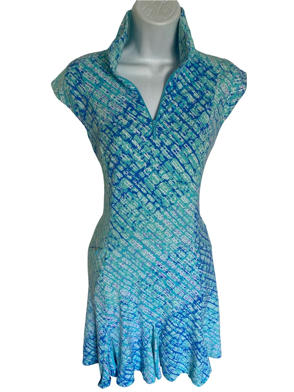 IBKUL Aqua & Teal Cap Sleeve VโNeck Dress-M UPF 50